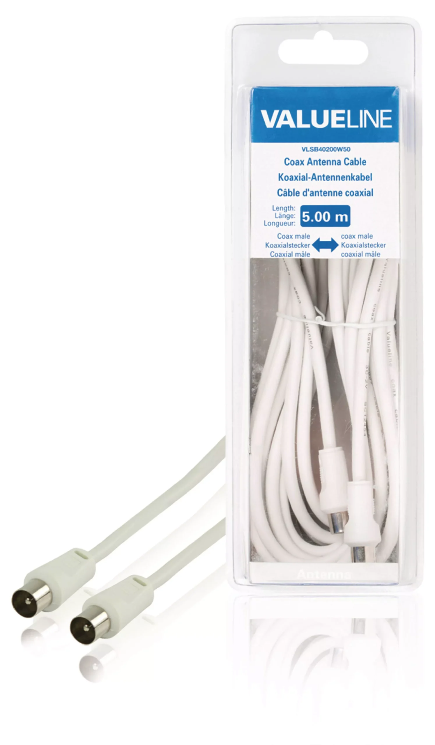 Cablu antena 5m coaxial TV tata - coaxial TV tata alb dublu ecranat Valueline