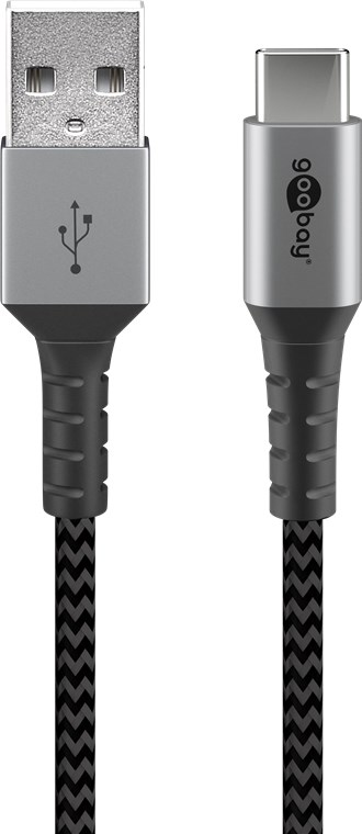 Cablu de date si incarcare USB A - USB type C 2m gri/argintiu textil flexibil Goobay 49297