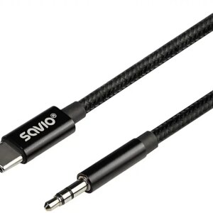 Cablu USB C tata la Jack 3.5 mm tata 1m negru textil SAVIO CL-187