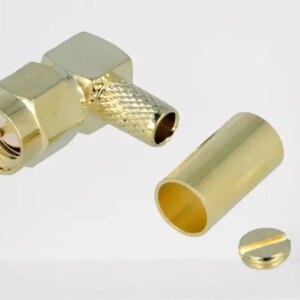 Conector SMA mufa tata unghi 90 grade aurit RG58 de crimpat pe cablu H3473A COPPER