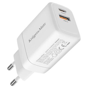 Incarcator retea rapid Kruger&Matz KM0856 PD QC GAN 45W PPS 1x USB-A /1x USB-C alb