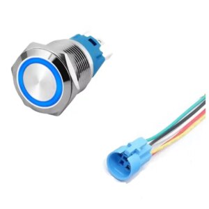 Intrerupator buton SW 3 OFF-(ON) fara retinere metal 19mm 12-24V LED albastru