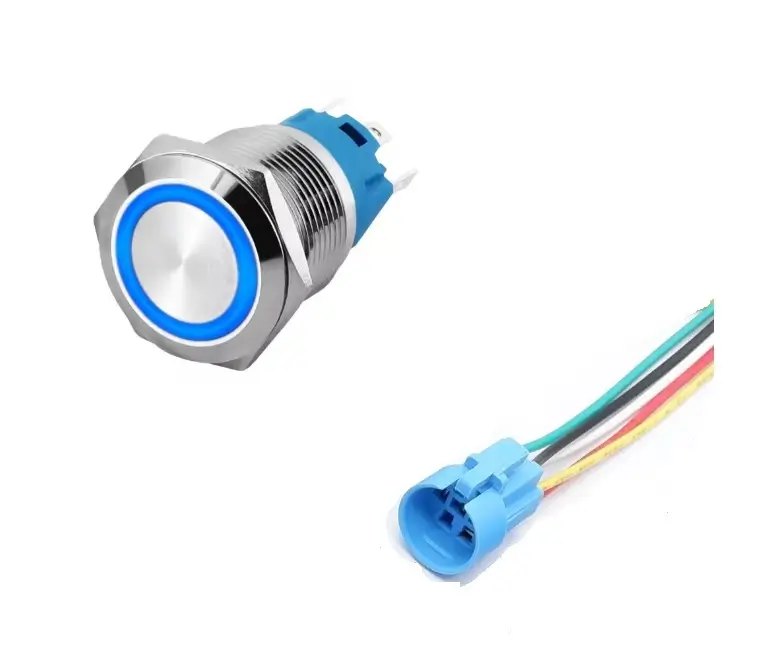 Intrerupator buton SW 4 ON-OFF cu retinere metal 22mm 12-24V LED albastru