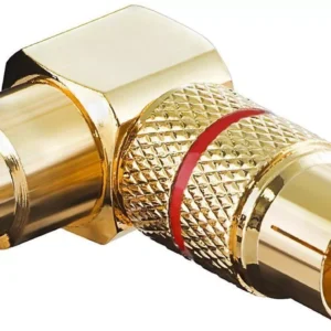 Mufa adaptor RCA mama - RCA tata cotit 90 grade aurita inel rosu Goobay